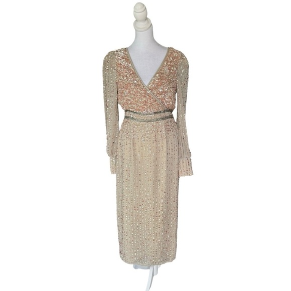 Mac Duggal - NWT Sequin V-Neck Long Bishop-Sleeve Midi Formal Dress - Picture 5 of 12